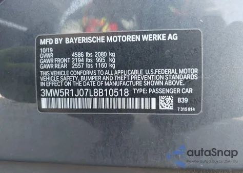 2020 BMW 330I from USA, damaged, VIN 3MW5R1J07L8B10518